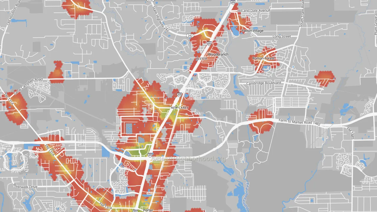 Walk Grade map of New Caney, TX, walkable areas in green and car-dependent areas in red