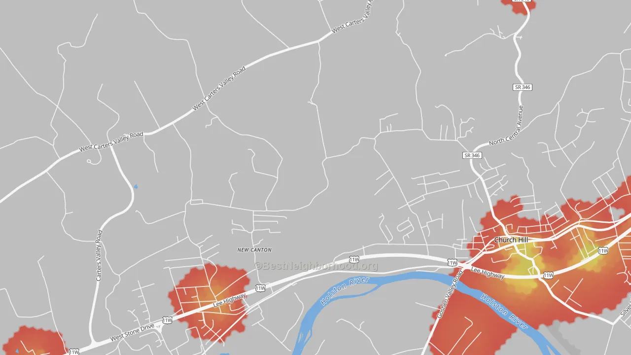 Walk Grade map of New Canton, TN, walkable areas in green and car-dependent areas in red