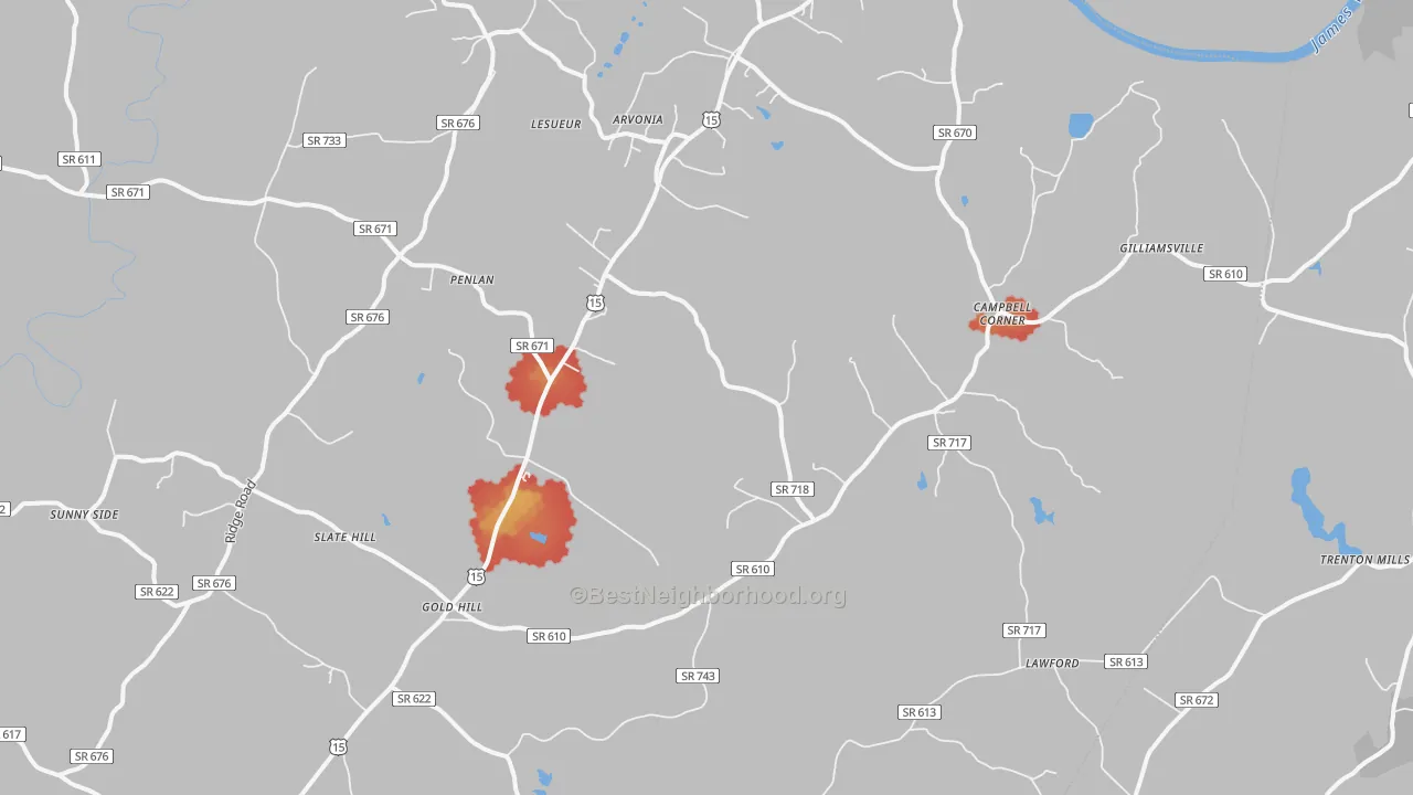 Walk Grade map of New Canton, VA, walkable areas in green and car-dependent areas in red