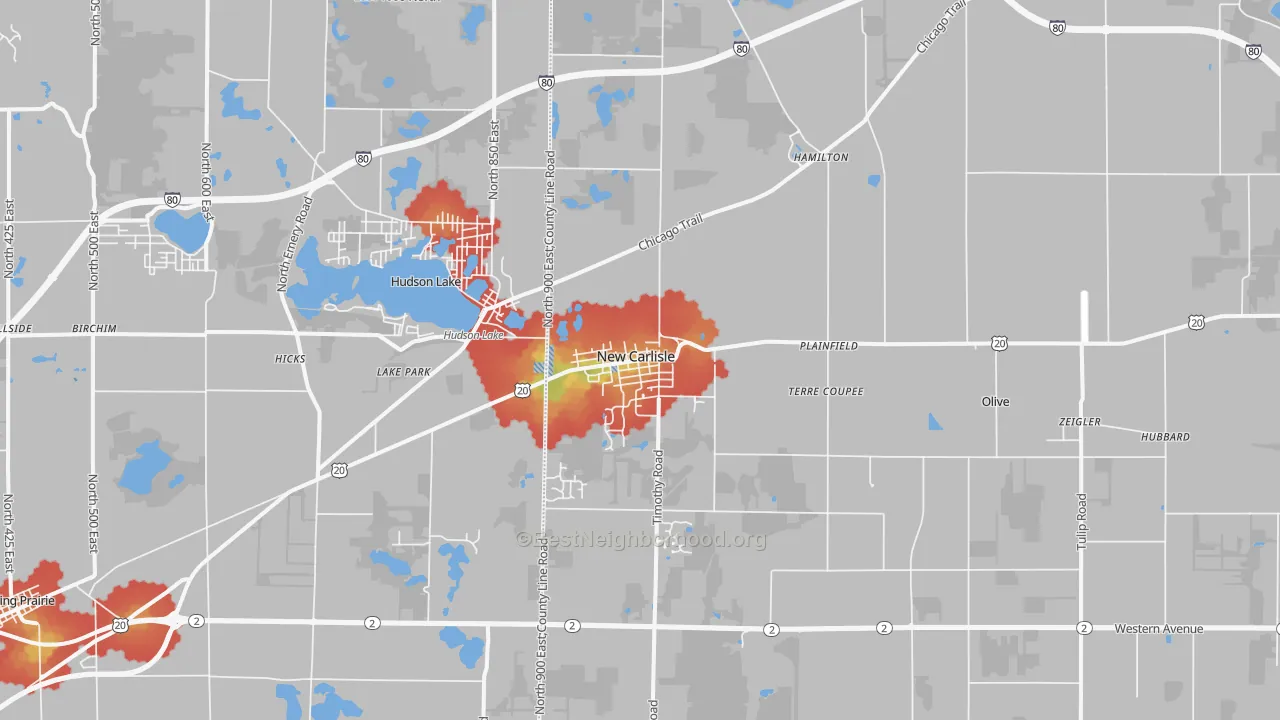 Walk Grade map of New Carlisle, IN, walkable areas in green and car-dependent areas in red