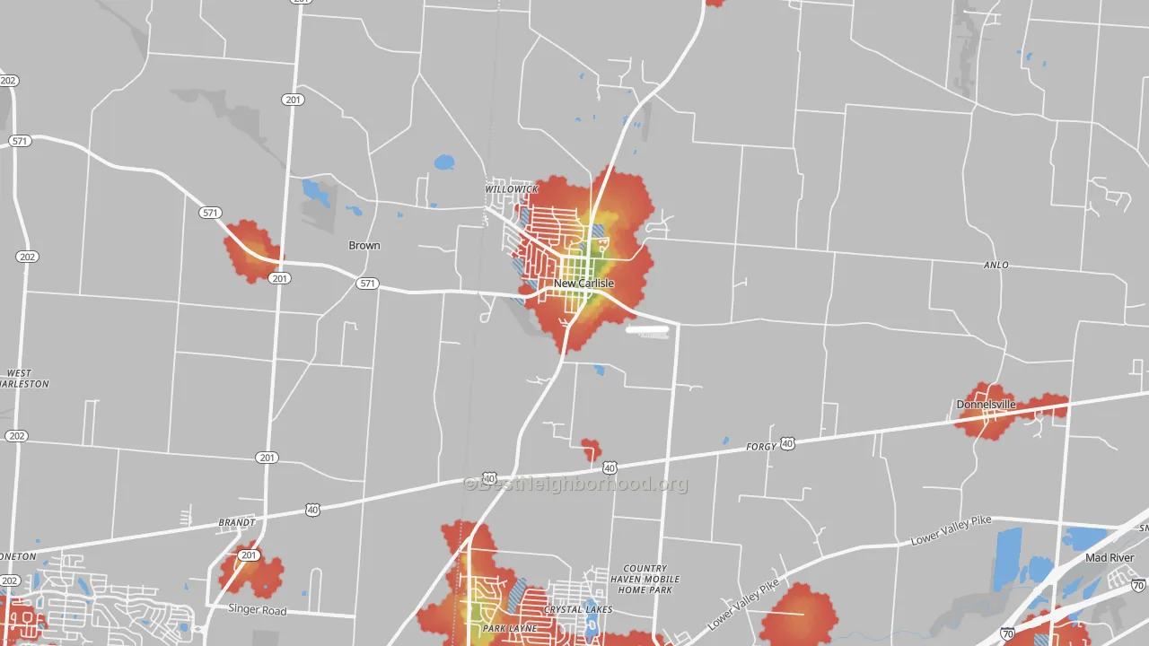 Walk Grade map of New Carlisle, OH, walkable areas in green and car-dependent areas in red
