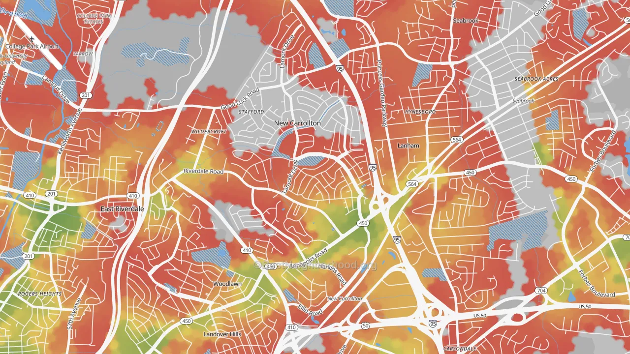 Walk Grade map of New Carrollton, MD, walkable areas in green and car-dependent areas in red