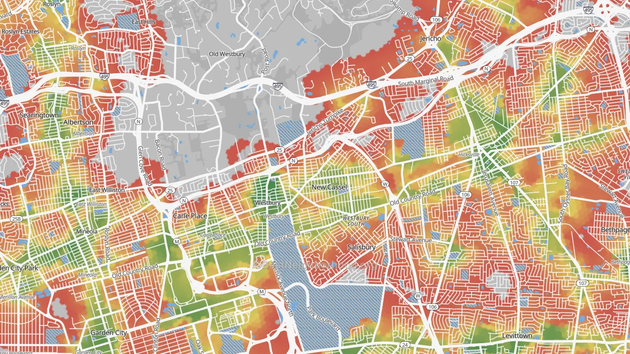 Walk Grade map of New Cassel, NY, walkable areas in green and car-dependent areas in red