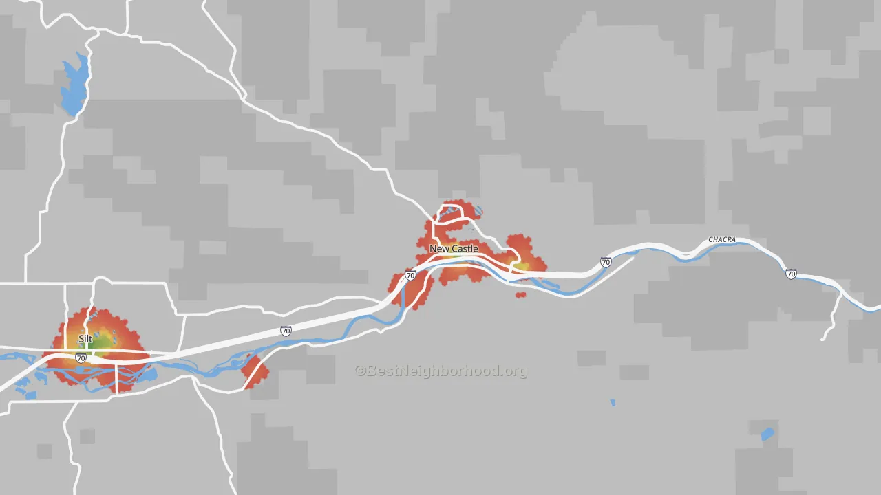 Walk Grade map of New Castle, CO, walkable areas in green and car-dependent areas in red