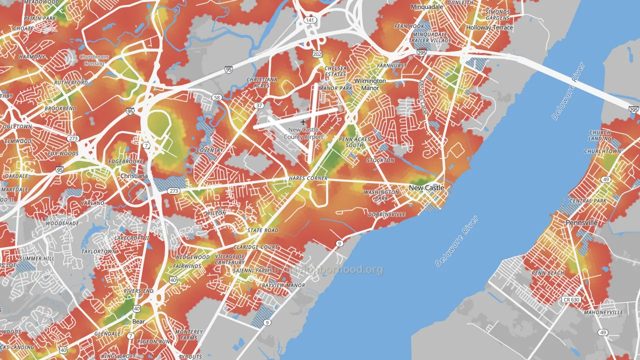 Walk Grade map of New Castle, DE, walkable areas in green and car-dependent areas in red