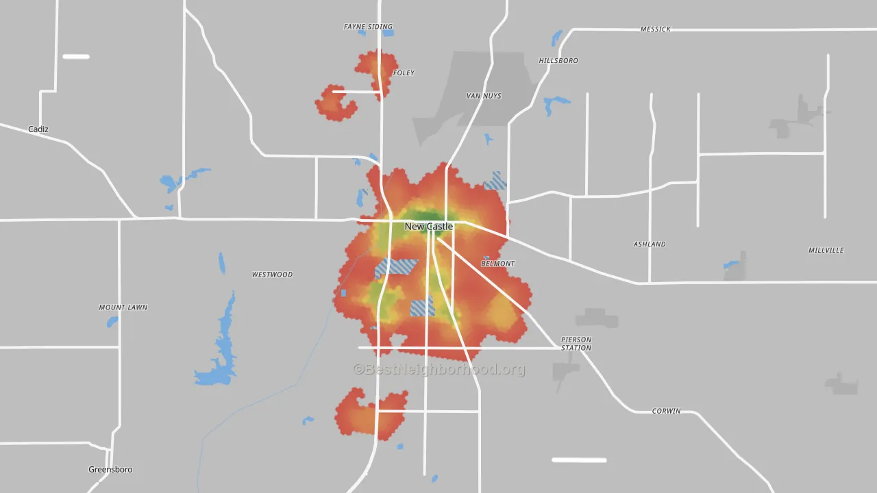 Walk Grade map of New Castle, IN, walkable areas in green and car-dependent areas in red