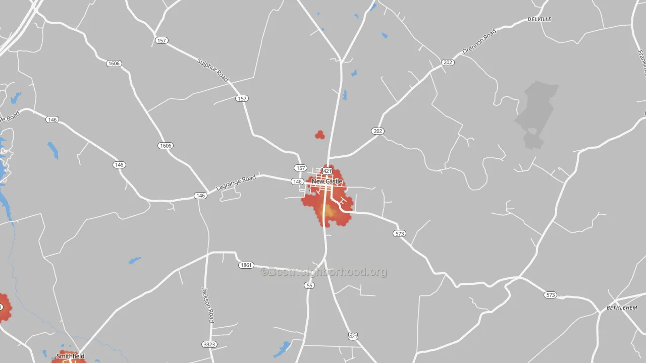 Walk Grade map of New Castle, KY, walkable areas in green and car-dependent areas in red