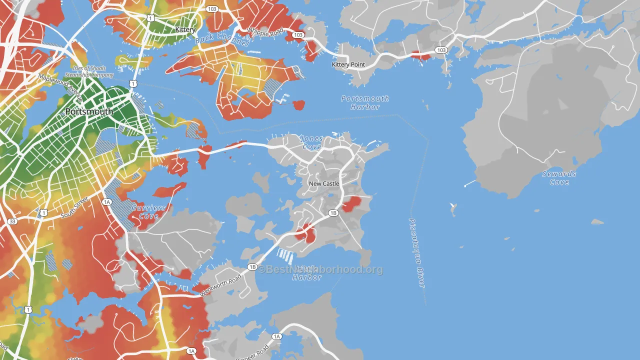 Walk Grade map of New Castle, NH, walkable areas in green and car-dependent areas in red
