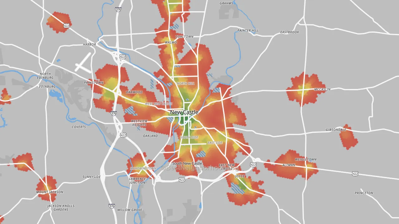 Walk Grade map of New Castle, PA, walkable areas in green and car-dependent areas in red