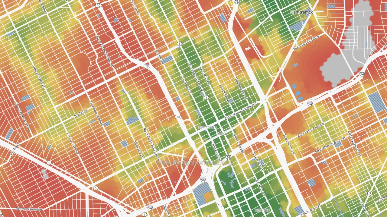 Walk Grade map of New Center, Detroit, MI, walkable areas in green and car-dependent areas in red