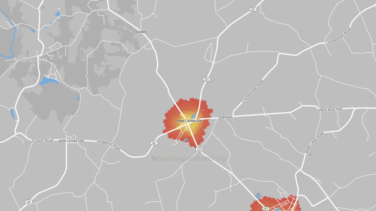 Walk Grade map of New Centerville, PA, walkable areas in green and car-dependent areas in red