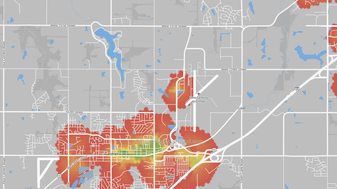 Walk Grade map of New Century, KS, walkable areas in green and car-dependent areas in red