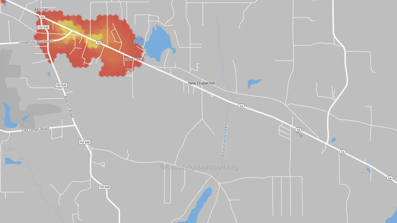 Walk Grade map of New Chapel Hill, TX, walkable areas in green and car-dependent areas in red