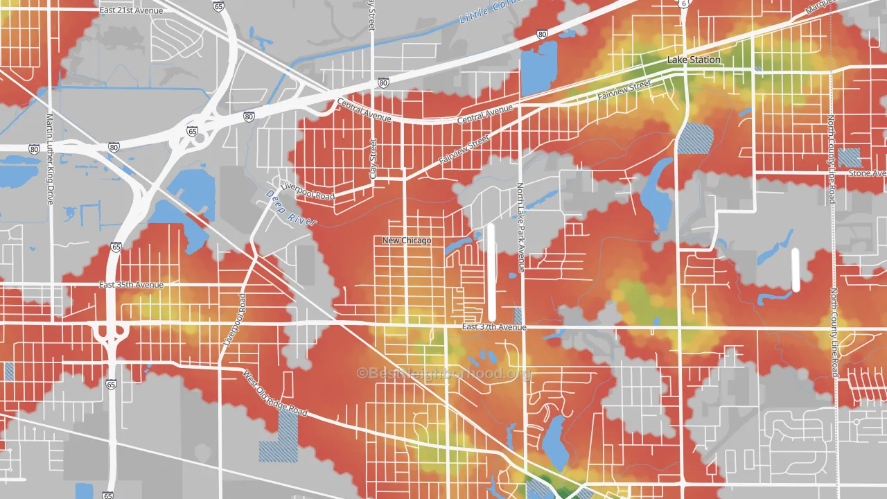 Walk Grade map of New Chicago, IN, walkable areas in green and car-dependent areas in red