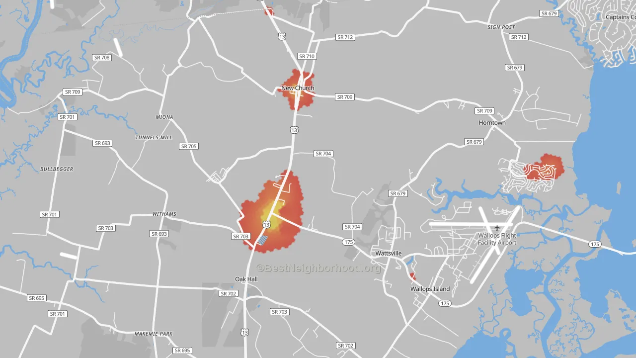 Walk Grade map of New Church, VA, walkable areas in green and car-dependent areas in red