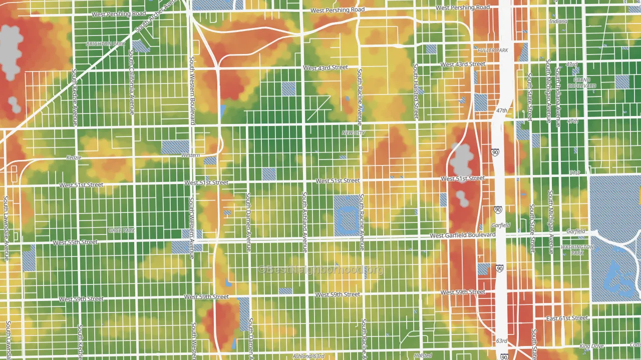 Walk Grade map of New City, Chicago, IL, walkable areas in green and car-dependent areas in red
