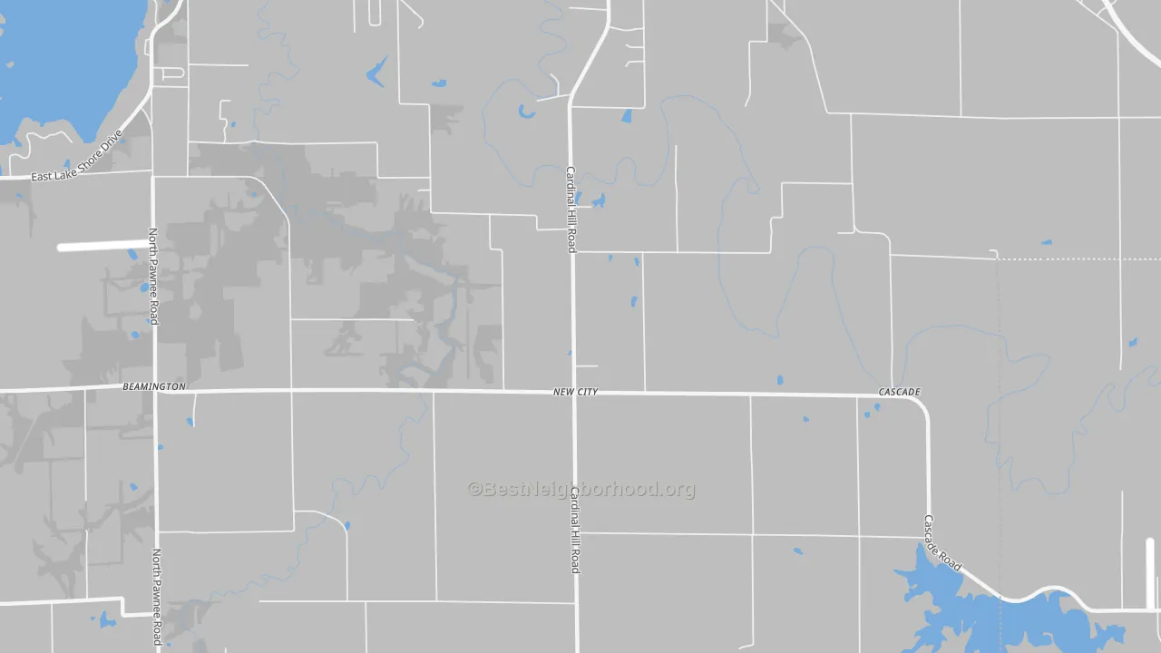 Walk Grade map of New City, IL, walkable areas in green and car-dependent areas in red