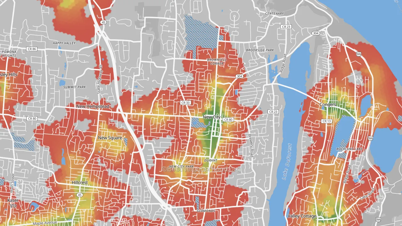 Walk Grade map of New City, NY, walkable areas in green and car-dependent areas in red