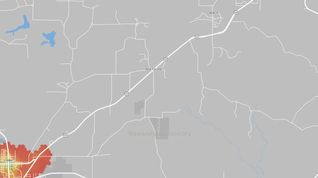 Walk Grade map of New Colony, TX, walkable areas in green and car-dependent areas in red