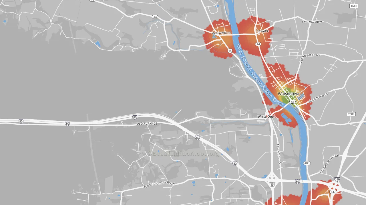 Walk Grade map of New Columbia, PA, walkable areas in green and car-dependent areas in red