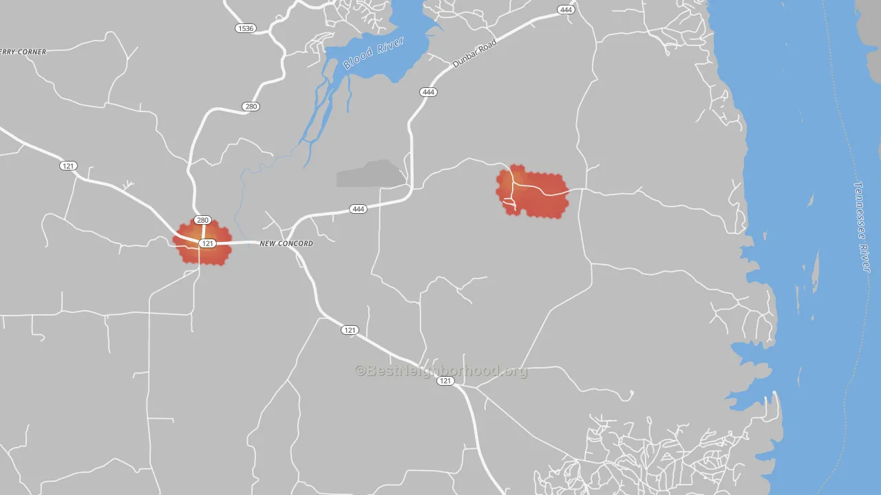 Walk Grade map of New Concord, KY, walkable areas in green and car-dependent areas in red