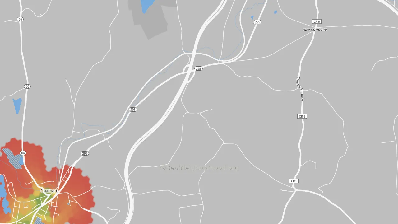 Walk Grade map of New Concord, NY, walkable areas in green and car-dependent areas in red