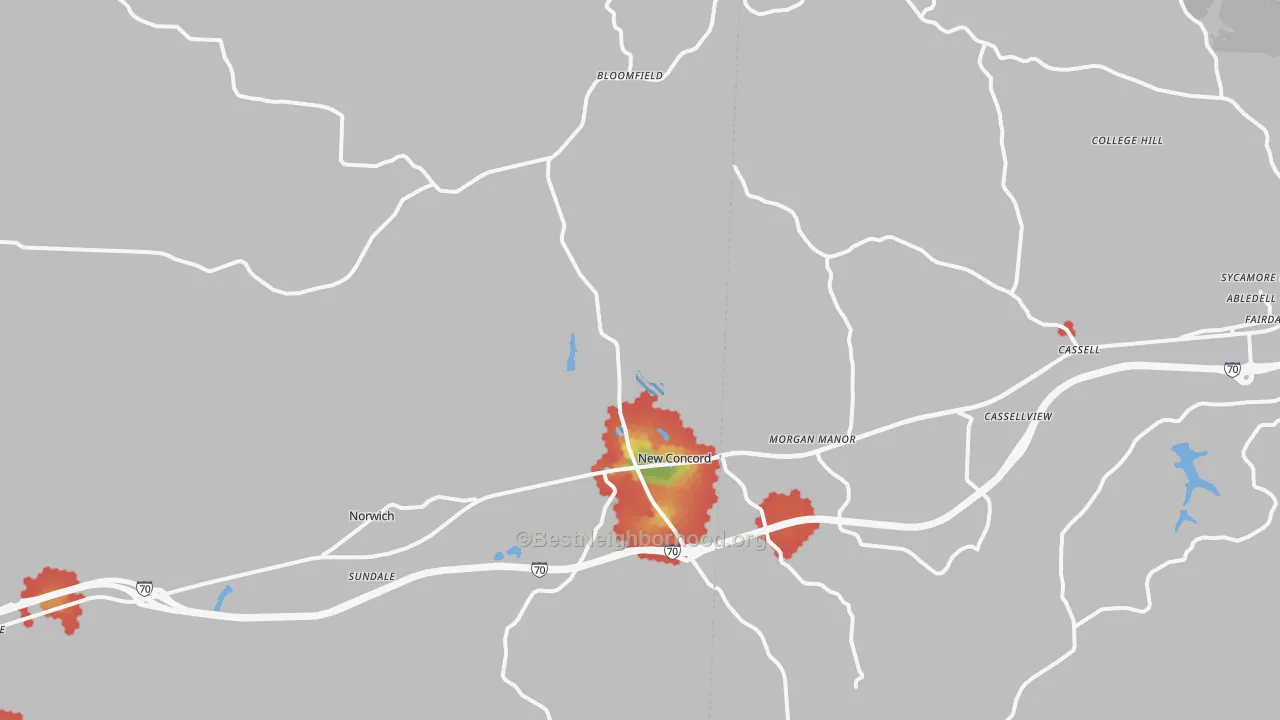 Walk Grade map of New Concord, OH, walkable areas in green and car-dependent areas in red