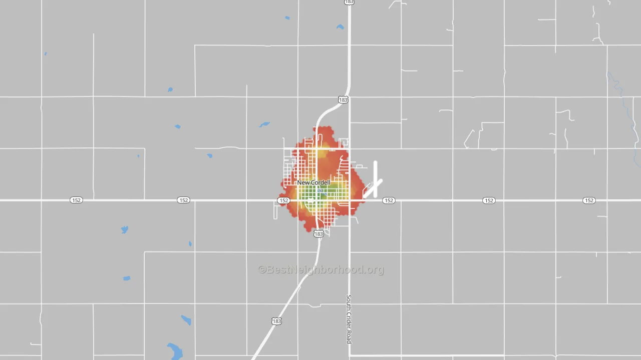 Walk Grade map of New Cordell, OK, walkable areas in green and car-dependent areas in red