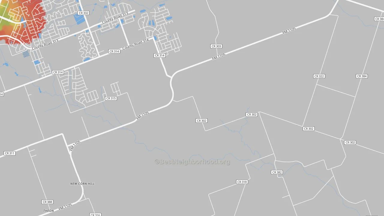 Walk Grade map of New Corn Hill, TX, walkable areas in green and car-dependent areas in red