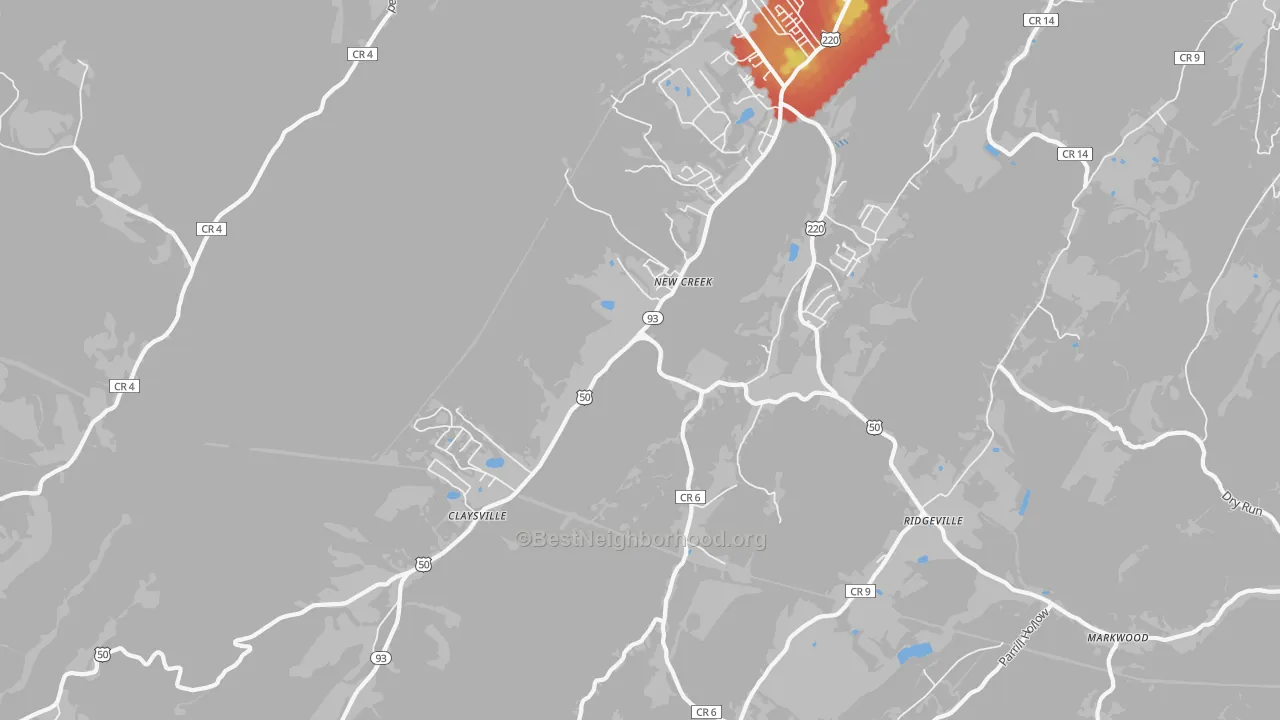 Walk Grade map of New Creek, WV, walkable areas in green and car-dependent areas in red