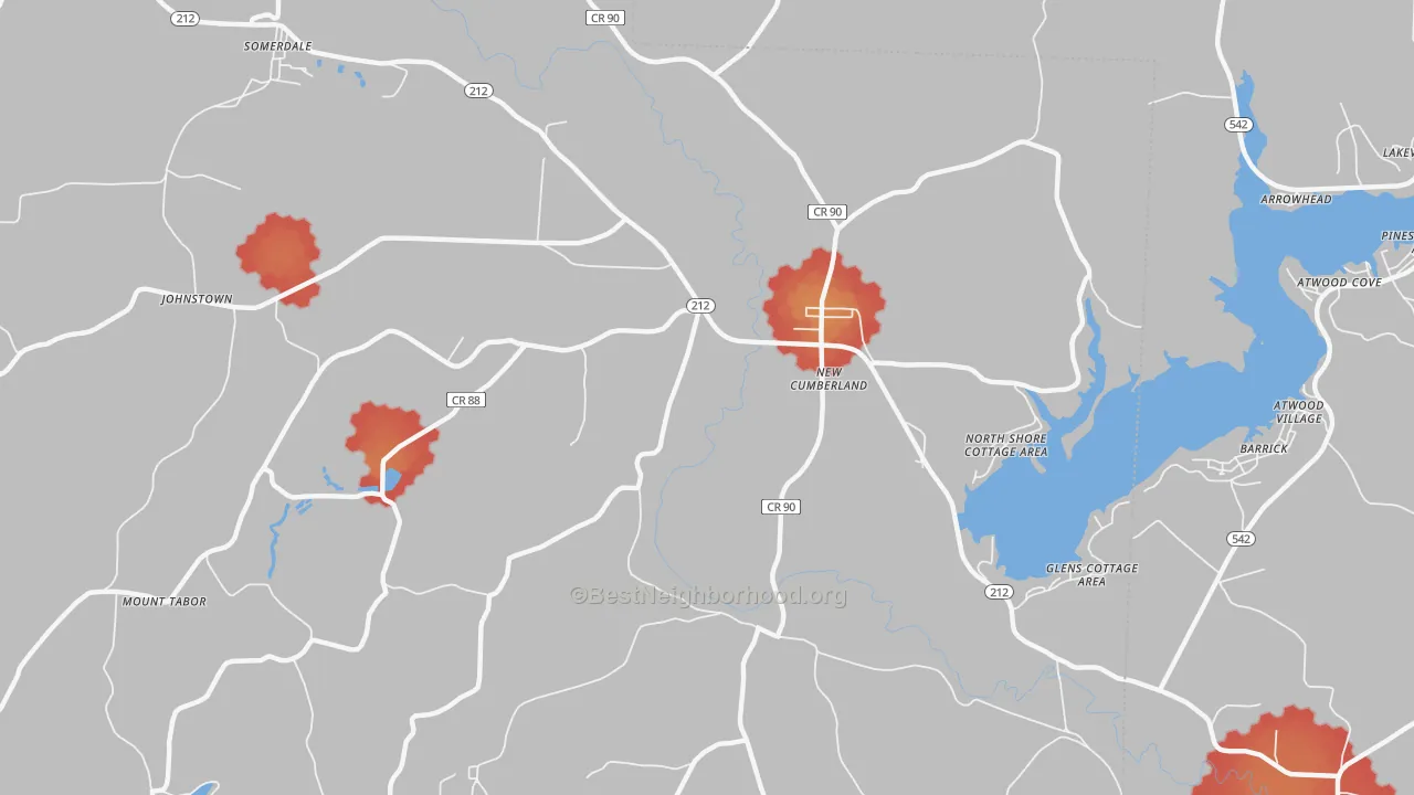 Walk Grade map of New Cumberland, OH, walkable areas in green and car-dependent areas in red
