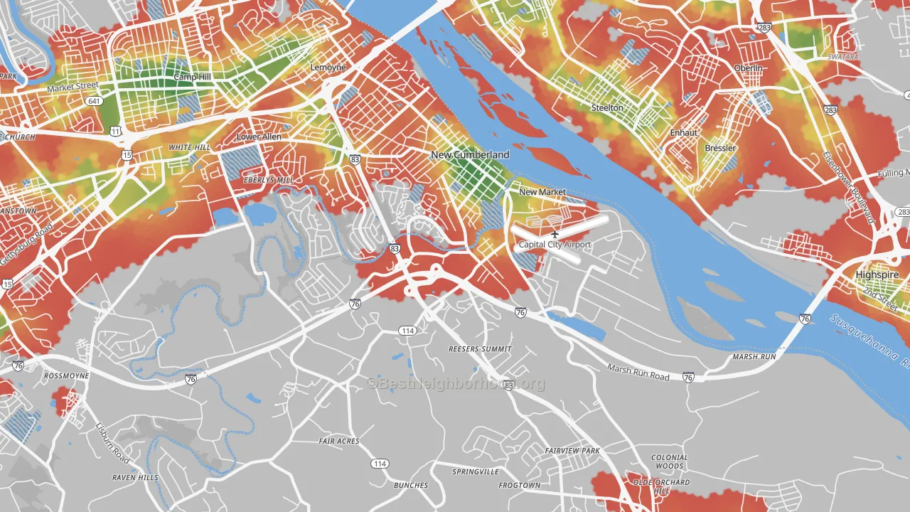 Walk Grade map of New Cumberland, PA, walkable areas in green and car-dependent areas in red