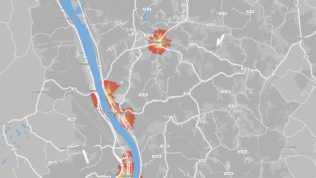 Walk Grade map of New Cumberland, WV, walkable areas in green and car-dependent areas in red