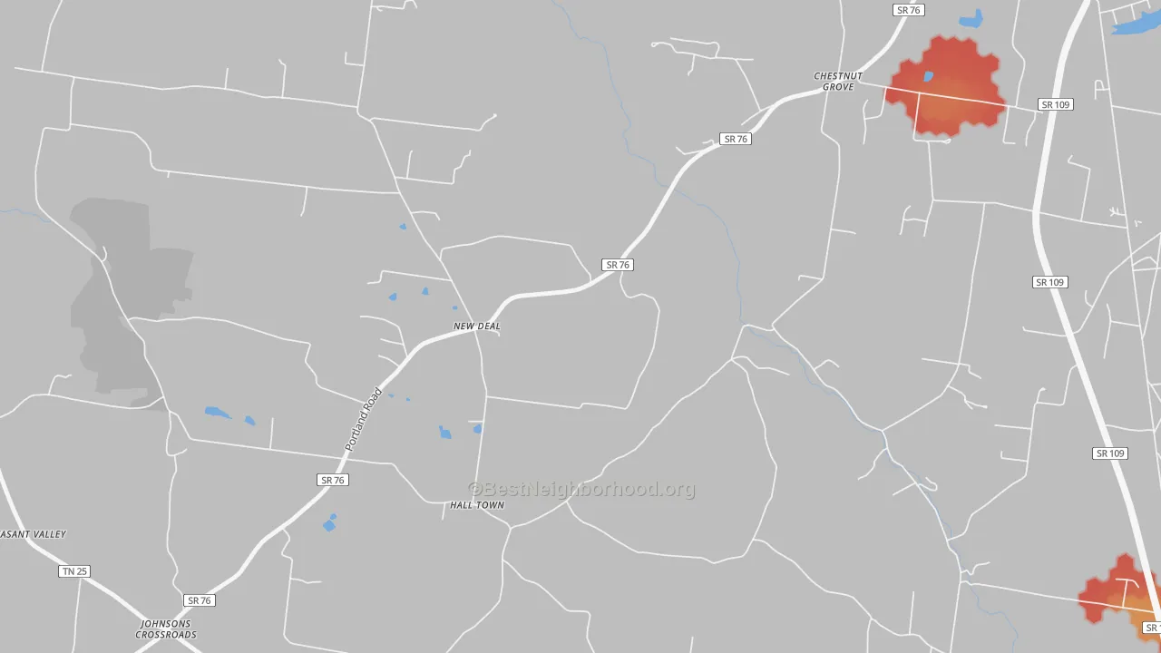 Walk Grade map of New Deal, TN, walkable areas in green and car-dependent areas in red