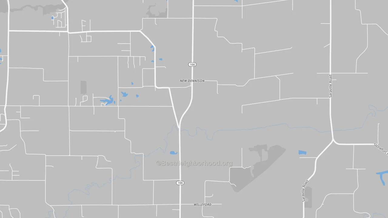 Walk Grade map of New Dennison, IL, walkable areas in green and car-dependent areas in red