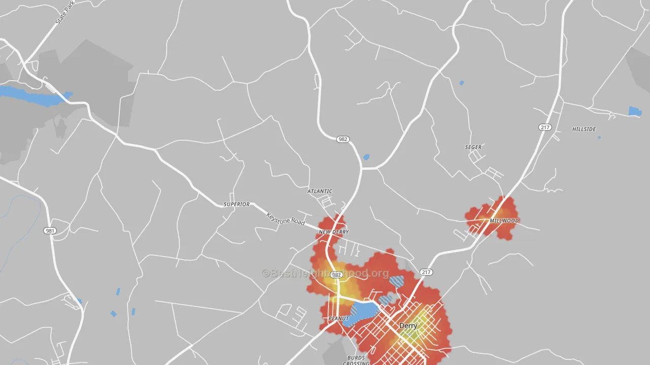 Walk Grade map of New Derry, PA, walkable areas in green and car-dependent areas in red
