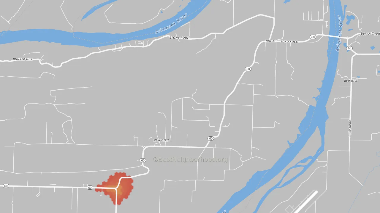 Walk Grade map of New Dixie, AR, walkable areas in green and car-dependent areas in red