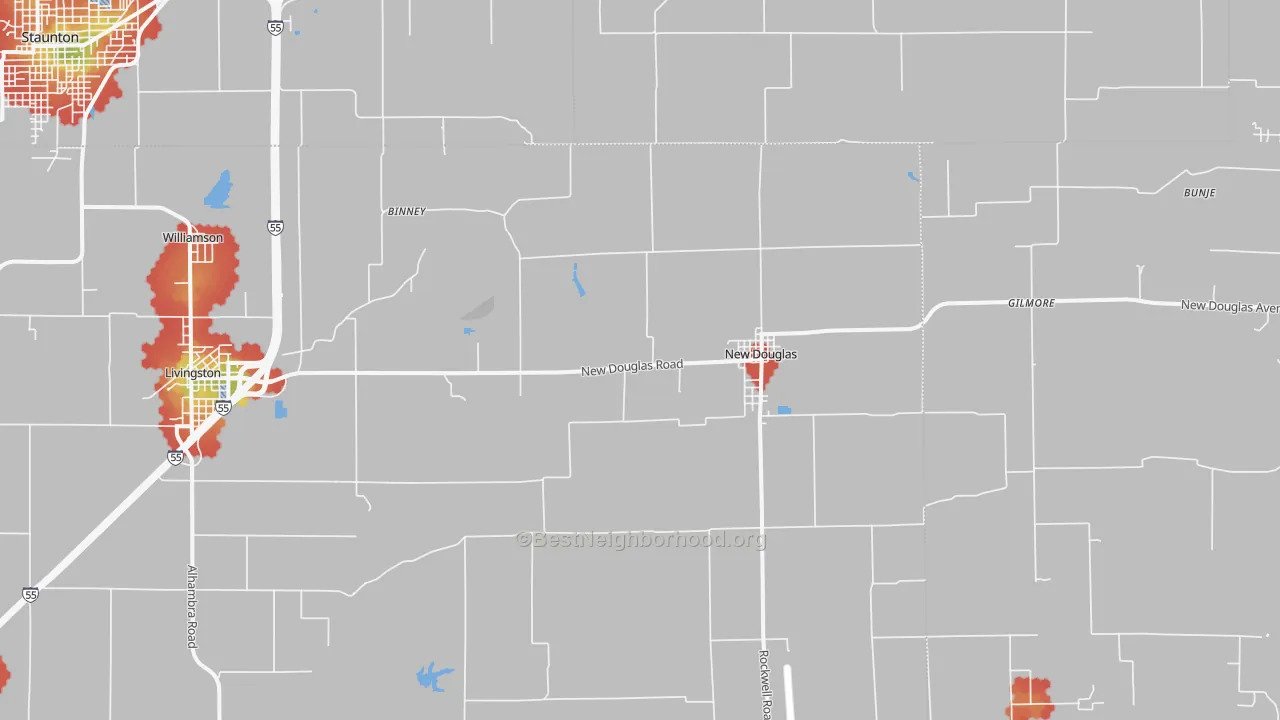Walk Grade map of New Douglas, IL, walkable areas in green and car-dependent areas in red