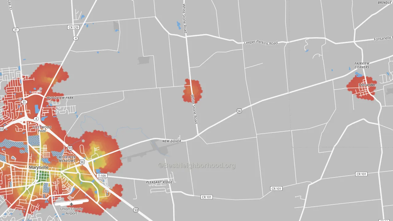 Walk Grade map of New Dover, OH, walkable areas in green and car-dependent areas in red