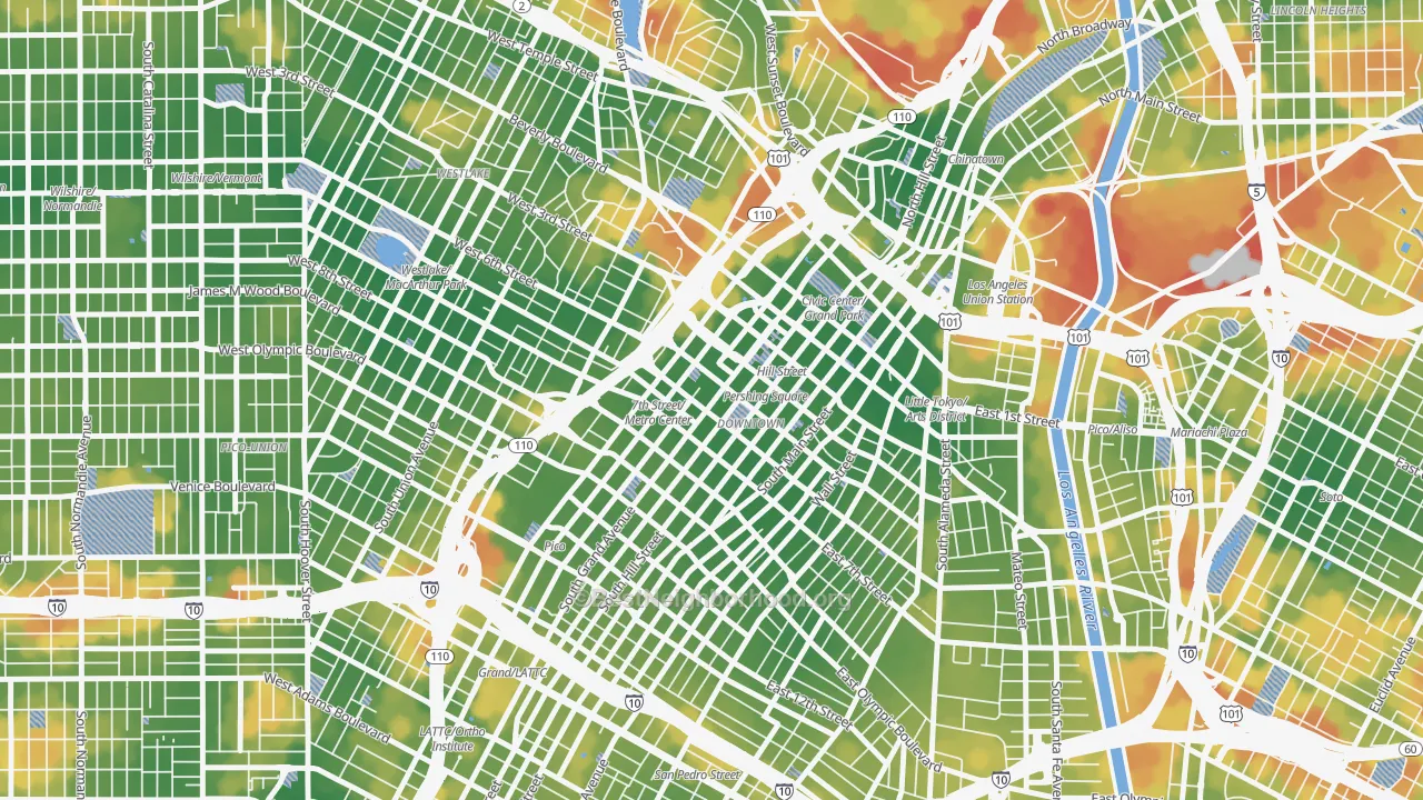 Walk Grade map of New Downtown, Los Angeles, CA, walkable areas in green and car-dependent areas in red