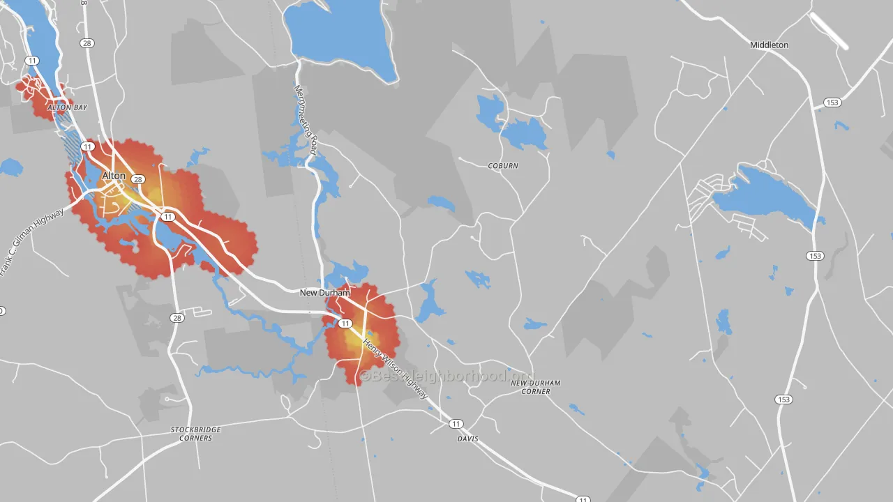 Walk Grade map of New Durham, NH, walkable areas in green and car-dependent areas in red