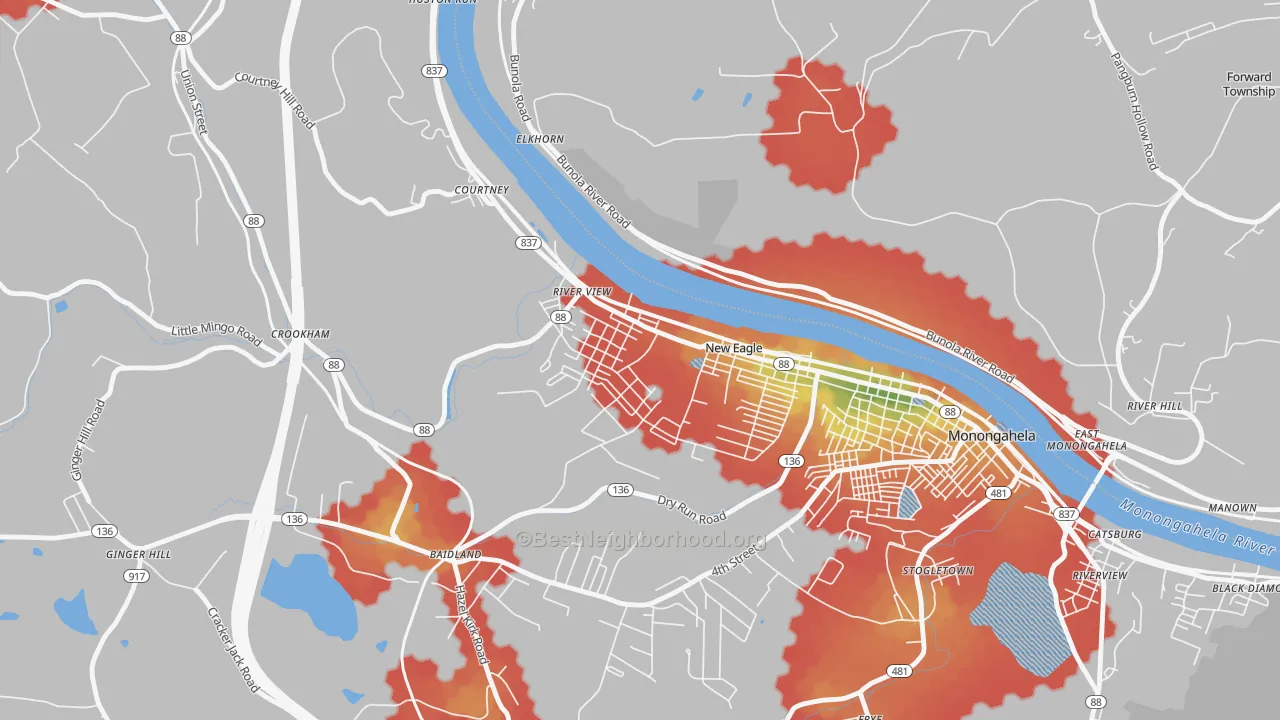 Walk Grade map of New Eagle, PA, walkable areas in green and car-dependent areas in red