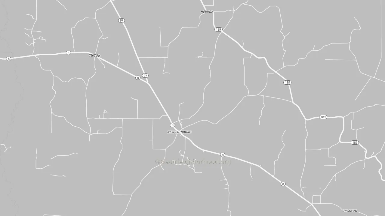 Walk Grade map of New Edinburg, AR, walkable areas in green and car-dependent areas in red