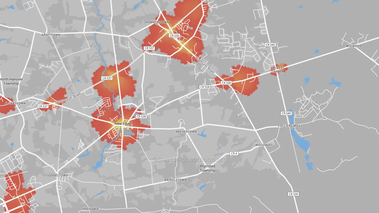 Walk Grade map of New Egypt, NJ, walkable areas in green and car-dependent areas in red