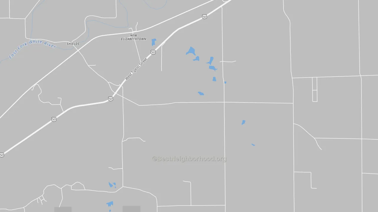 Walk Grade map of New Elizabethtown, IN, walkable areas in green and car-dependent areas in red