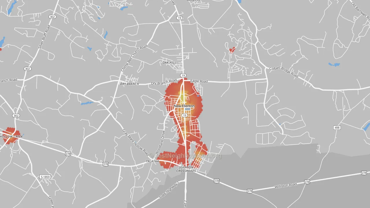 Walk Grade map of New Ellenton, SC, walkable areas in green and car-dependent areas in red