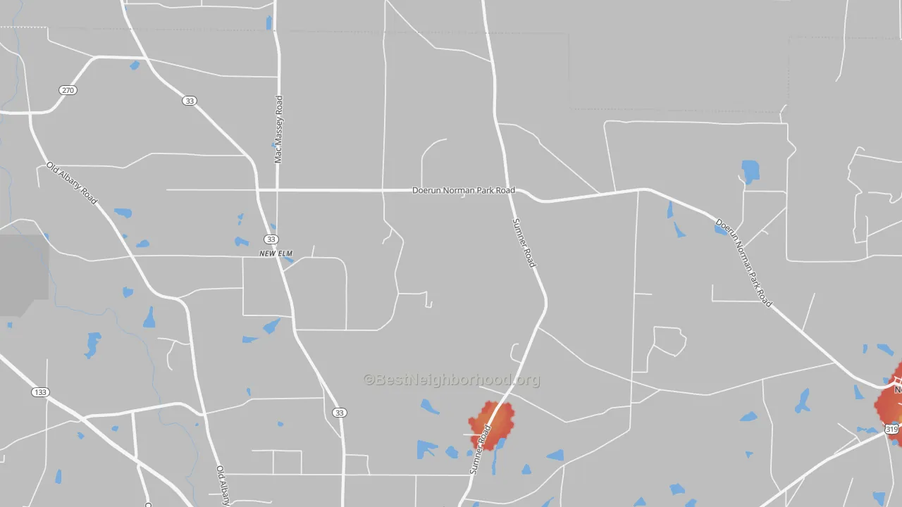 Walk Grade map of New Elm, GA, walkable areas in green and car-dependent areas in red