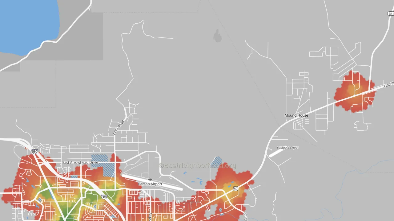 Walk Grade map of New Empire, NV, walkable areas in green and car-dependent areas in red
