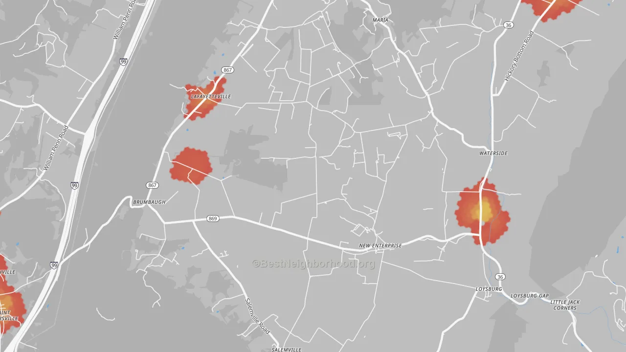 Walk Grade map of New Enterprise, PA, walkable areas in green and car-dependent areas in red
