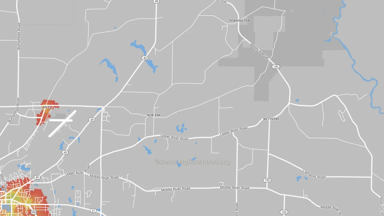 Walk Grade map of New Era, GA, walkable areas in green and car-dependent areas in red